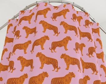 Tiger Shower Curtain Boho Pink Bathroom Decor Chic Fabric Shower Curtain Funky Leopard Dopamine Decor Cute Aesthetic Girly Home Mid Century