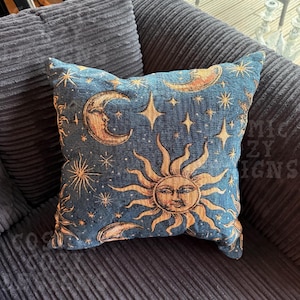 Whimsigoth Decor 90s Celestial Woven Pillow Gothic Bedding Dopamine Decor Cottage Witch Castlecore Earthy Room Decor Throw Pillow Blue Gold image 2