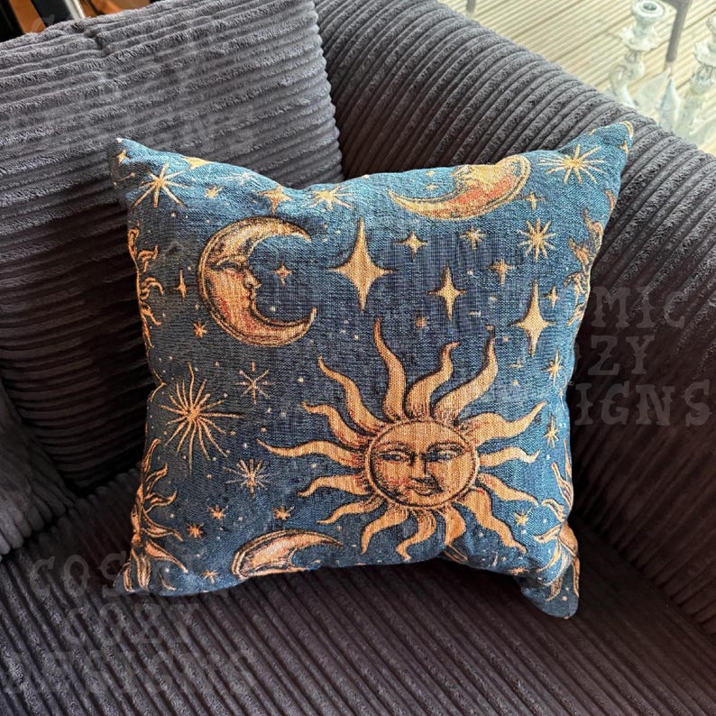 Whimsigoth Decor 90s Celestial Woven Pillow Gothic Bedding Dopamine Decor Cottage Witch Castlecore Earthy Room Decor Throw Pillow Blue Gold image 2