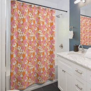 Hibiscus Flower Shower Curtain Coconut Girl Room Unique Decor Aesthetic Y2k Boho Floral Bathroom Curtain Cute Retro Pink Botanical Teen Room