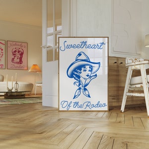 Vaquera costera pared arte físico mate cartel, impresión de pared de moda azul, decoración de vaquero occidental femenino caliente retro rodeo espacio vaquera ambiente hogar