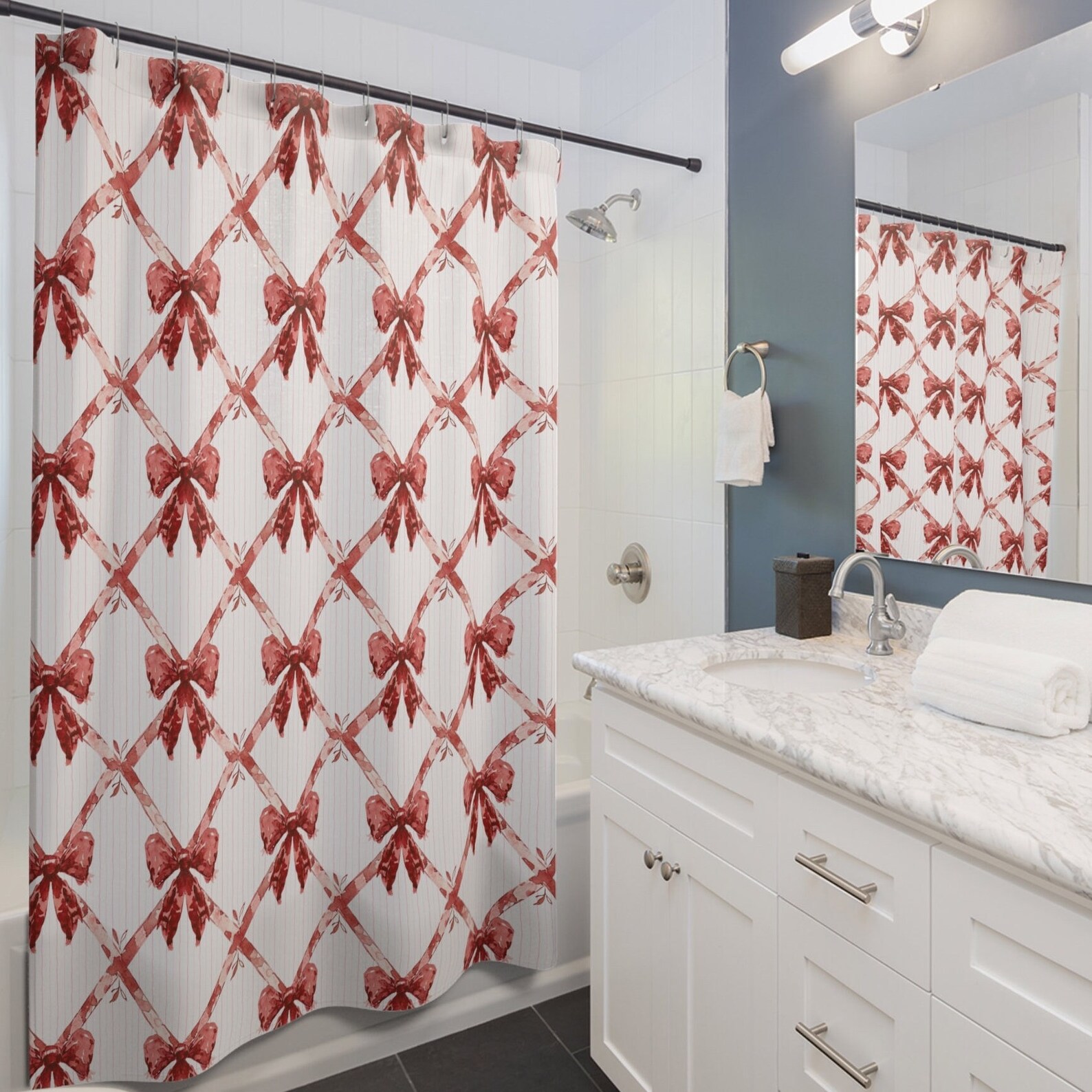 Coquette Red Valentine Ribbon Bow Shower Curtain, Lovecore Softcore