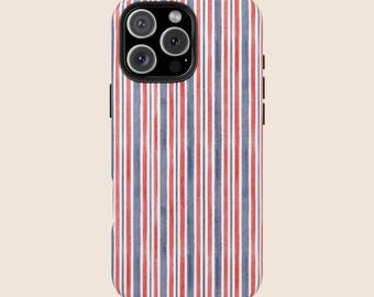 May include: A phone case with a red and blue striped pattern. The case has a cutout for the camera lens.