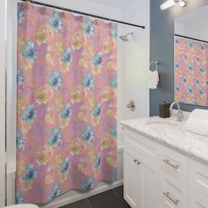 Hibiscus Flower Shower Curtain Coconut Girl Room Unique Decor Aesthetic Y2k Boho Floral Bathroom Curtain Cute Retro Pink Botanical Teen Room