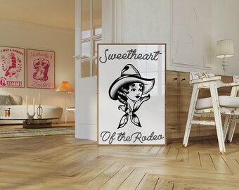 Coastal Cowgirl Wall Art Physical Matte Poster, Black Trendy Wall Print, Hot Girly Western Cowboy Decor Retro Rodeo Space Cowgirl Vibe Home
