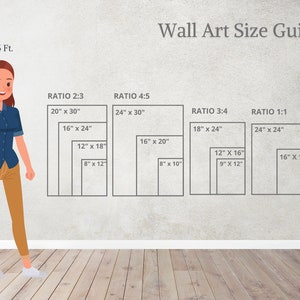 May include: A wall art size guide with a woman standing next to it. The guide shows different ratios of wall art sizes, including 2:3, 4:5, 3:4, and 1:1. The sizes are listed in inches, such as 20" x 30", 16" x 24", 12" x 18", and 8" x 12".