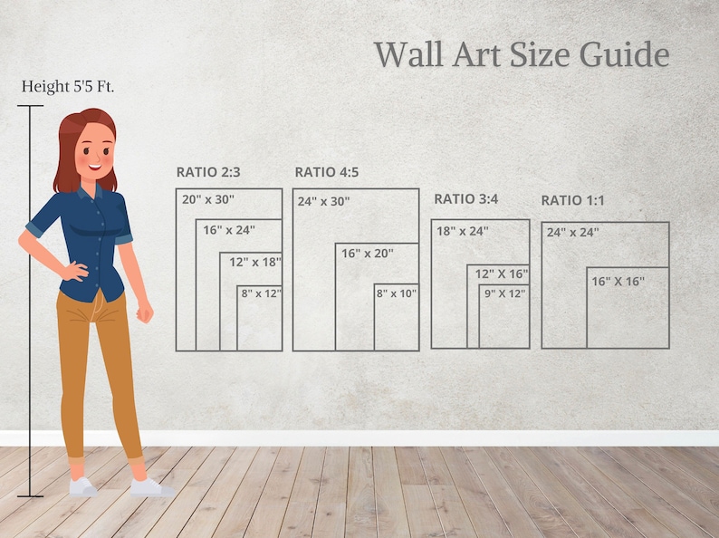 May include: A wall art size guide with a woman standing next to it. The guide shows different ratios of wall art sizes, including 2:3, 4:5, 3:4, and 1:1. The sizes are listed in inches, such as 20" x 30", 16" x 24", 12" x 18", and 8" x 12".