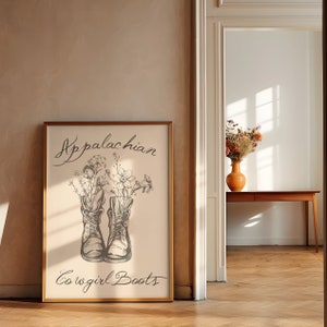 Póster físico de arte mural de vaquera de los Apalaches, impresión de pared moderna en negro, decoración de vaquero de Blue Ridge Carolina, obra de arte retro con botas de senderismo