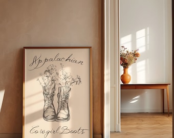 Appalachian Cowgirl Wall Art Physical Poster Artwork, Black Trendy Wall Print, Blue Ridge Carolina Cowboy Decor, Retro Hiking Boot Artwork