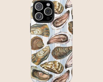 May include: A white iPhone case with a blue and white striped background and a pattern of watercolor oyster shells in various shades of brown, beige, and white.