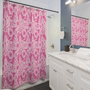 Coastal Cowgirl Shower Curtain Cute Retro Pink Cowboy Print Fabric Curtain Funky Preppy Bathroom Decor Fun Western Print Home Shower Gift