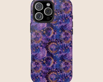 May include: Purple phone case featuring a celestial pattern of moons, stars, and suns. The case has a tie-dye effect and is designed for an iPhone.
