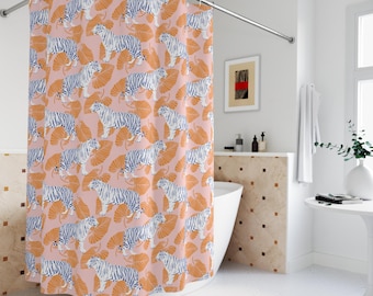 Tiger Shower Curtain Boho Pink Bathroom Decor Chic Fabric Shower Curtain Funky Leopard Dopamine Decor Cute Aesthetic Girly Home Mid Century