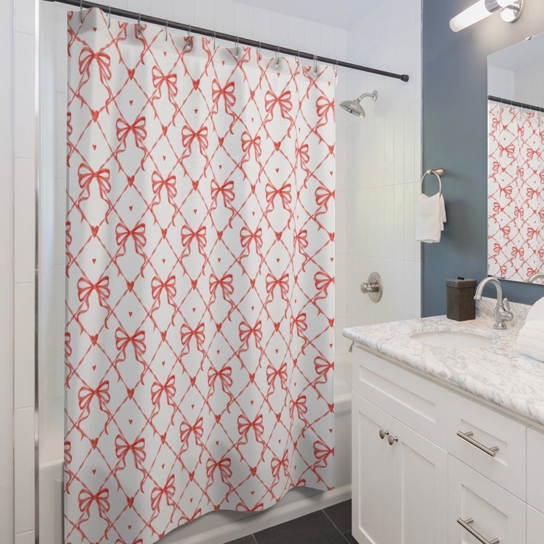 Coquette Red Valentine Ribbon Bow Shower Curtain, Lovecore Softcore