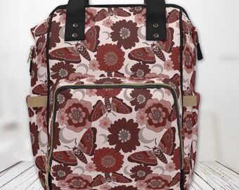 Mochila de pañales con diseño de polilla, estilo gótico, floral, estilo gótico, para niño y niña, ideal como regalo para baby shower, para mamá punk, color negro, para mamá pequeña, con escena emo.