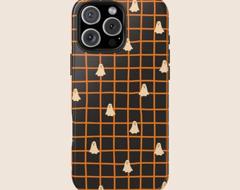 May include: A black phone case with an orange grid pattern and small, beige ghost illustrations. The case has a glossy finish and a camera cutout for a smartphone.