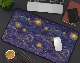 May include: A rectangular desk mat featuring a swirling, starry night design in shades of purple, blue, and gold. The mat has a black border and is shown with a laptop, mouse, and other desk accessories.