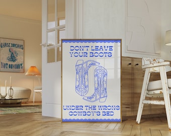 Coastal Cowgirl Wall Art Physical Matte Poster, Blue Trendy Wall Print, Hot Girly Western Cowboy Boots Decor Retro Rodeo Cowgirl Vibe Home