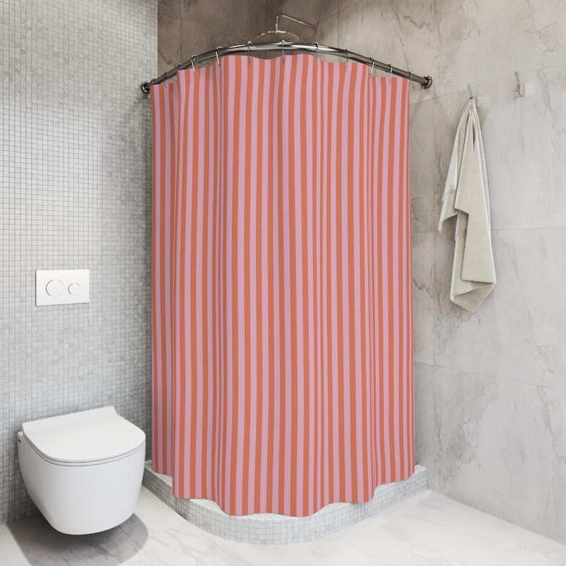 Striped Shower Curtain Boho Pink Bathroom Decor Preppy Fabric Shower Curtain Dopamine Decor Cute Aesthetic Girly Home Fun Grandmillennial image 5