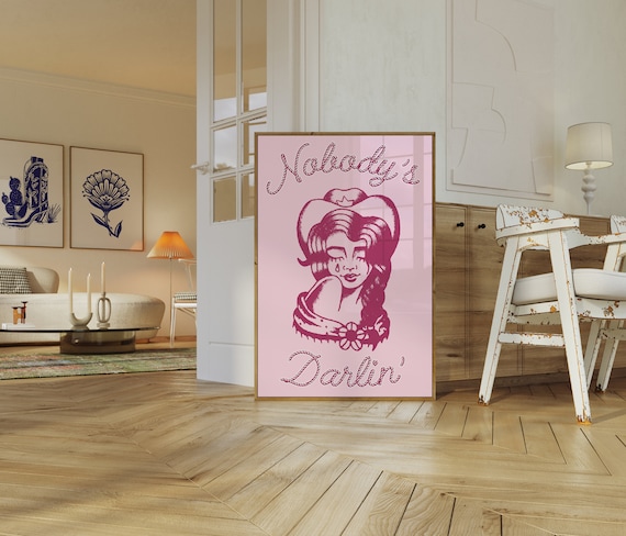 Coastal Cowgirl Wall Art Physical Matte Poster, Pink Trendy Wall Print, Hot Girly Western Cowboy Decor, Retro Rodeo Space Cowgirl Vibe Home