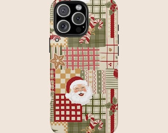 May include: A phone case with a patchwork design featuring Christmas-themed illustrations. The case includes images of Santa Claus, candy canes, gingerbread stars, and red and green plaid patterns. The case has a camera cutout.
