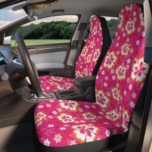 Fundas para asientos de coche Coconut Girl con estampado de flores de hibisco en rosa y naranja, regalo para adolescentes, decoración interior de vehículos, bonita decoración floral con estética playera.