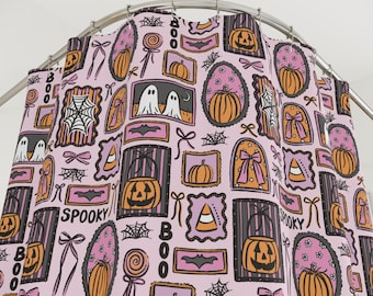 Halloween Shower Curtain Boho Pink Ghost Bathroom Goth Gothic Bedding Witchy Whimsigoth Decor Retro Occult Cute Fall Decor Indoor Spooky