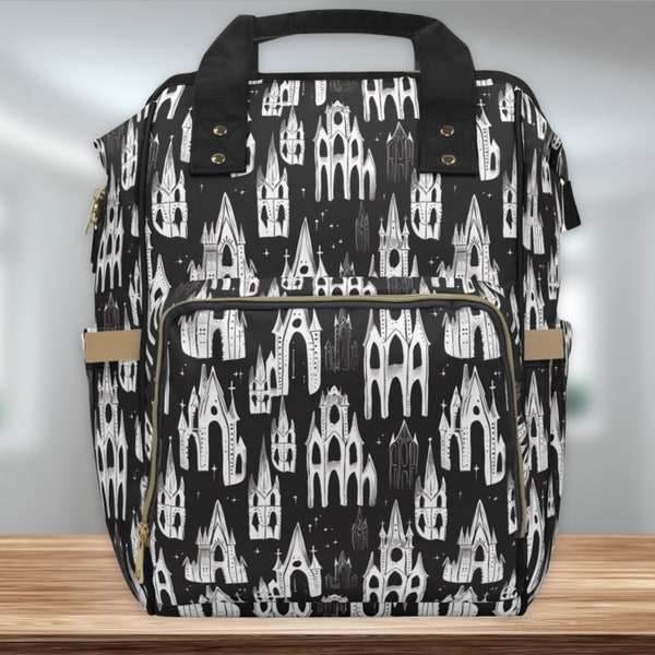 Gothic Neutral Black Cute Cathedral Diaper Backpack Goth Aesthetic Boy Girl Baby Travel Bag Shower Gift Punk Mom Black Toddler Mama Trip Bag