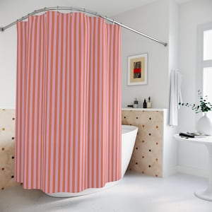 Striped Shower Curtain Boho Pink Bathroom Decor Preppy Fabric Shower Curtain Dopamine Decor Cute Aesthetic Girly Home Fun Grandmillennial image 2