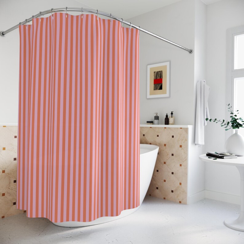 Striped Shower Curtain Boho Pink Bathroom Decor Preppy Fabric Shower Curtain Dopamine Decor Cute Aesthetic Girly Home Fun Grandmillennial image 2