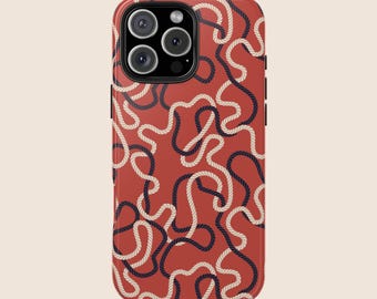 May include: A red phone case with a pattern of white and black rope. The case has a cutout for the camera lens.