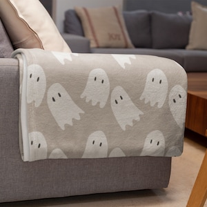 Neutral Halloween Ghost Plush Blanket Minimalist Decor Accent Cozy Blanket Fall Season Clean Chic Spooky Boo Buddy Gift Couch Throw Indoor