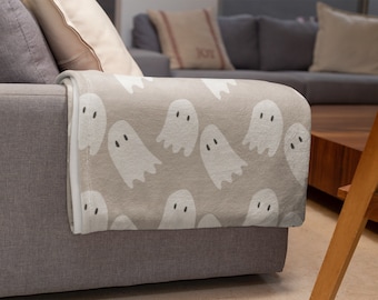 Neutral Halloween Ghost Plush Blanket Minimalist Decor Accent Cozy Blanket Fall Season Clean Chic Spooky Boo Buddy Gift Couch Throw Indoor