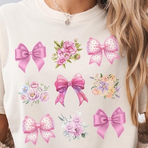 Pink Coquette Floral Bow Shirt PNG, Preppy Watercolor Retro Ribbon, Pink Ribbon Graphic, Timeless Elegance Png File, Girly Coquette Bow PNG