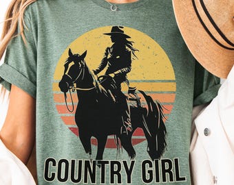 Country Girl PNG, Retro Western Cowgirl Riding Horse Design, Retro Sunset Rodeo Graphic Download, Country Cowgirl Gift