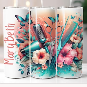 Gobelet personnalisable de coiffeur, design de sublimation de coiffeur, enveloppement sans couture de patron de cheveux, papillons floraux de coiffeur PNG, styliste