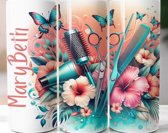 Vaso personalizable para peluquero, diseño de sublimación para peluquero, envoltura sin costuras para jefe de peluquería, mariposas florales PNG para peluquero, estilista