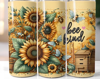 May include: A set of three 20 oz tumbler wraps featuring a bee kind design with sunflowers, bees, and honeycomb. The design is in shades of yellow, brown, and black.
