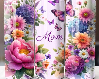 Mom 20oz Skinny Tumbler Sublimation Design, Flowers Butterfly Watercolor, Floral Digital PNG, Straight Tumbler Wrap Instant Download, Gift