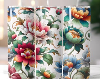 Retro Summer Floral Tumbler Wrap Design, Spring Boho Flowers 20oz Sublimation Tumbler Wrap, Floral Pattern Digital Download, Transparent PNG