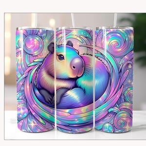 Holographic Capybara Tumbler Wrap, Seamless Straight Tumbler PNG, Adorable Capybara 20oz Sublimation PNG Download, Capybara Gift for Girls