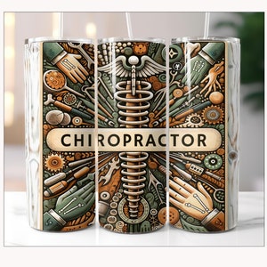 Peut inclure: Ensemble de trois gobelets en acier inoxydable avec un design illustré coloré représentant une colonne vertébrale humaine, des outils médicaux et le mot "CHIROPRACTEUR".