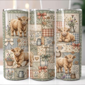 Bekerontwerp Schotse hooglander patchwork, 20oz bekeromslag, png, Cottagecore Farmhouse bloemenomslag, magere sublimatie beker