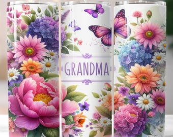 Grandma 20oz Skinny Tumbler Sublimation Design, Flowers Butterfly Watercolor, Floral Digital PNG, Straight Tumbler Wrap Instant Download