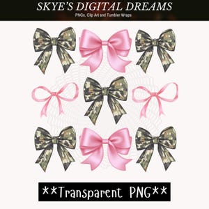 May include: A digital collection of nine decorative bows arranged in a grid. The set includes five bows with a green, brown, and tan camouflage pattern and four bows in a solid light pink color, featuring various ribbon styles and shapes.