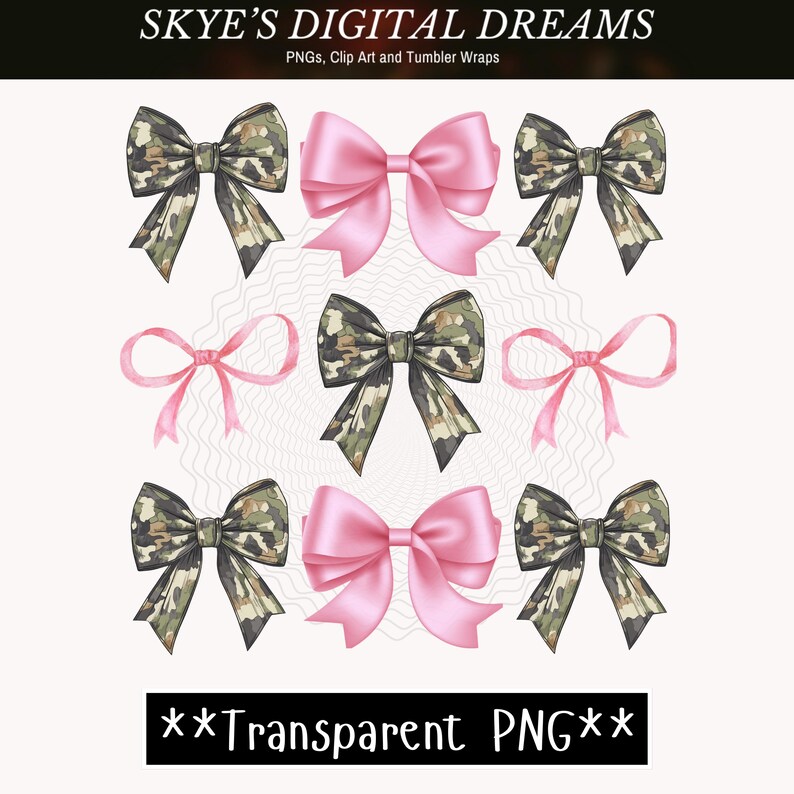 May include: A digital collection of nine decorative bows arranged in a grid. The set includes five bows with a green, brown, and tan camouflage pattern and four bows in a solid light pink color, featuring various ribbon styles and shapes.