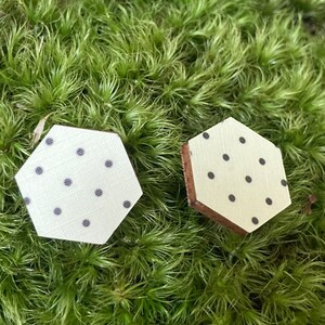 Wooden Hexagon Stud Earrings | Boho | Gifts for Her | off white with tiny black polka dots wooden earrings |