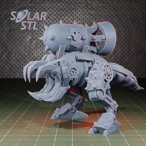 May include: A gray 3D printed model of a mechanical dinosaur with a large cannon on its back. The cannon has a skull design and is attached to the dinosaur's back with metal struts. The dinosaur has sharp claws and teeth, and its legs are articulated.