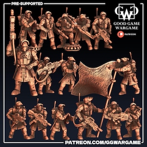 May include: A set of 12 pre-supported 3D printed miniatures of soldiers in futuristic armor, holding weapons and a flag. The miniatures are painted in a bronze color. The miniatures are from Good Game Wargame, a Patreon page.