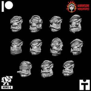 May include: Twelve different 3D printed miniature heads of orcs wearing various hats and accessories. The heads are all in a gray color and are set against a black background.